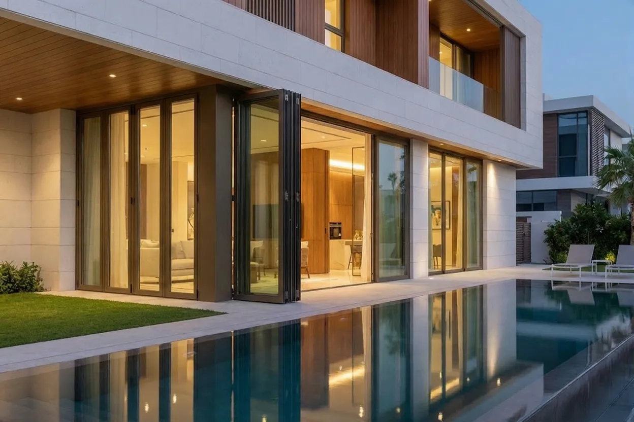 Aluminium and glass folding and sliding doors installed in a Dubai villa by Solo Dream