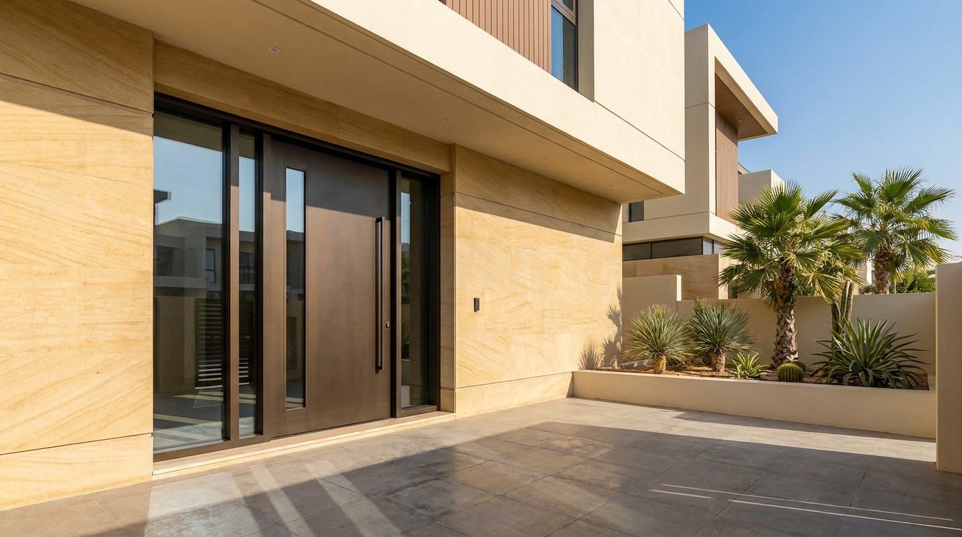 Bronze pivot entrance door on a modern luxury Dubai villa with floor-to-ceiling glass side panels
