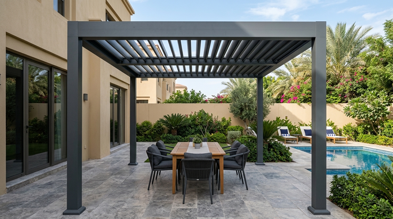 Aluminium pergola and outdoor shade structure for a UAE villa garden