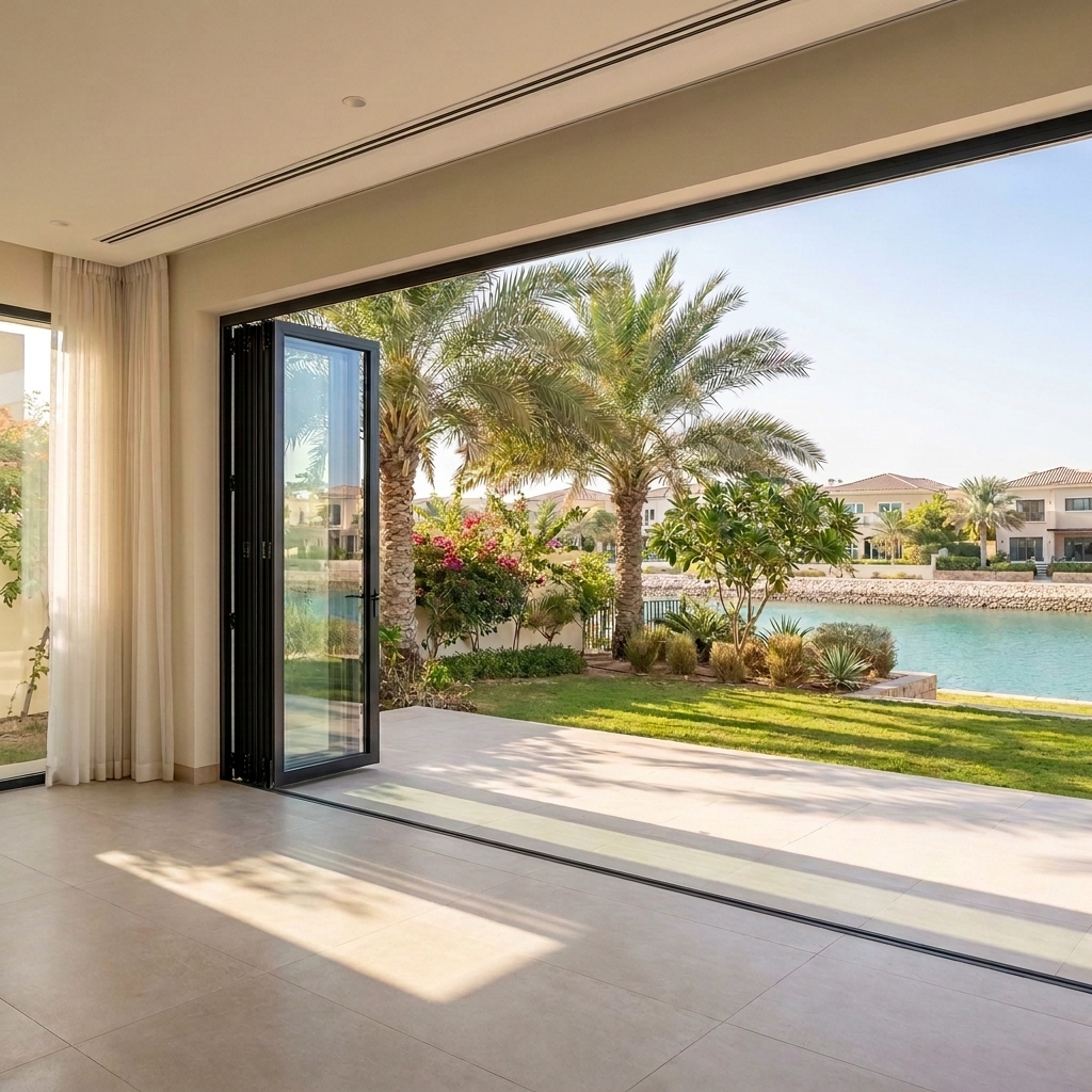 Folding doors on a beachfront home at Sobha Siniya Island, Umm Al Quwain