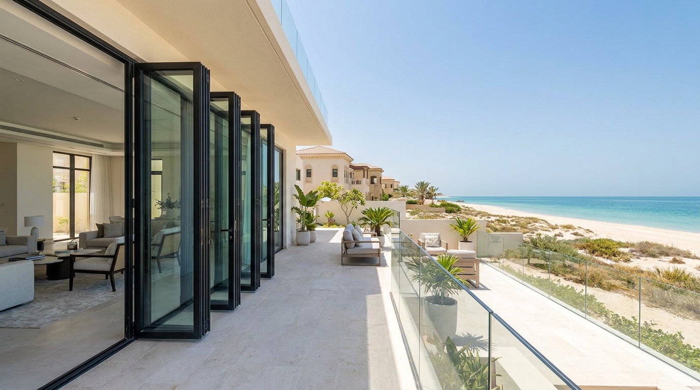 Wide folding doors folding a reception wall onto a garden in Al Dhait, Ras Al Khaimah