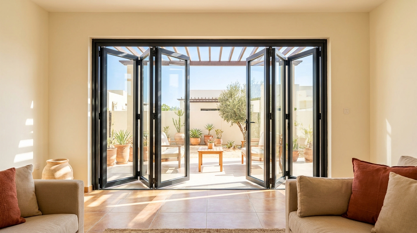 Folding doors brightening a villa living area in Al Yasmeen, Ajman