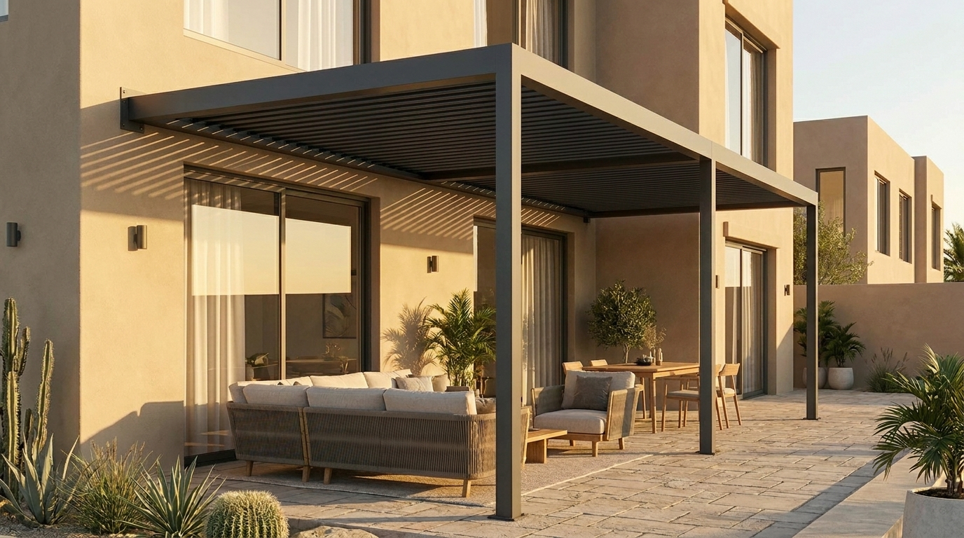 Wall-mounted lean-to aluminium pergola extending a villa