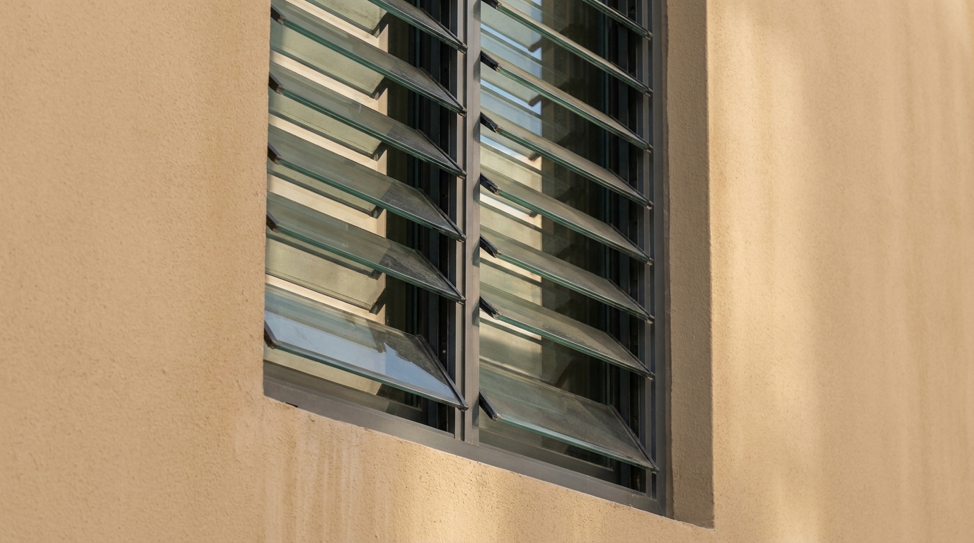 Aluminium ventilation louvre window with angled glass blades on a Dubai building wall
