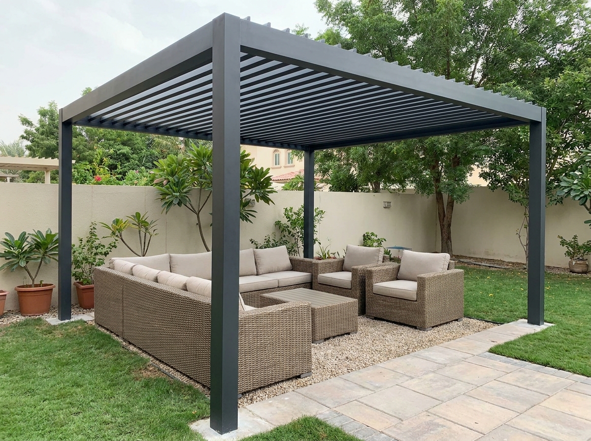 Freestanding aluminium pergola over a Dubai villa garden seating area