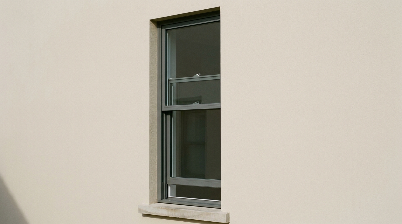 Double-hung aluminium sash window with two vertically sliding panes on a villa wall
