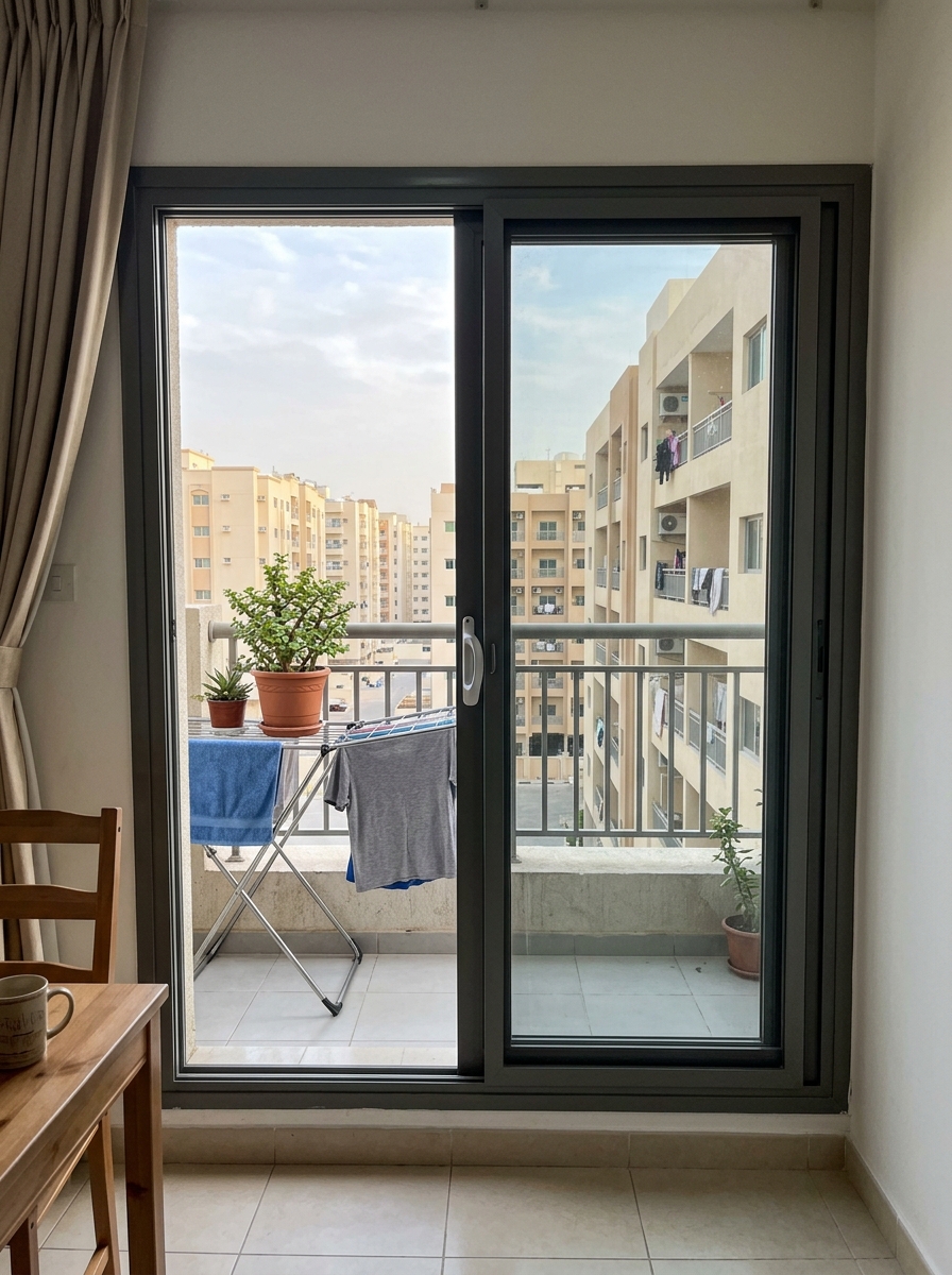 Slim aluminium sliding windows on a Sharjah apartment balcony