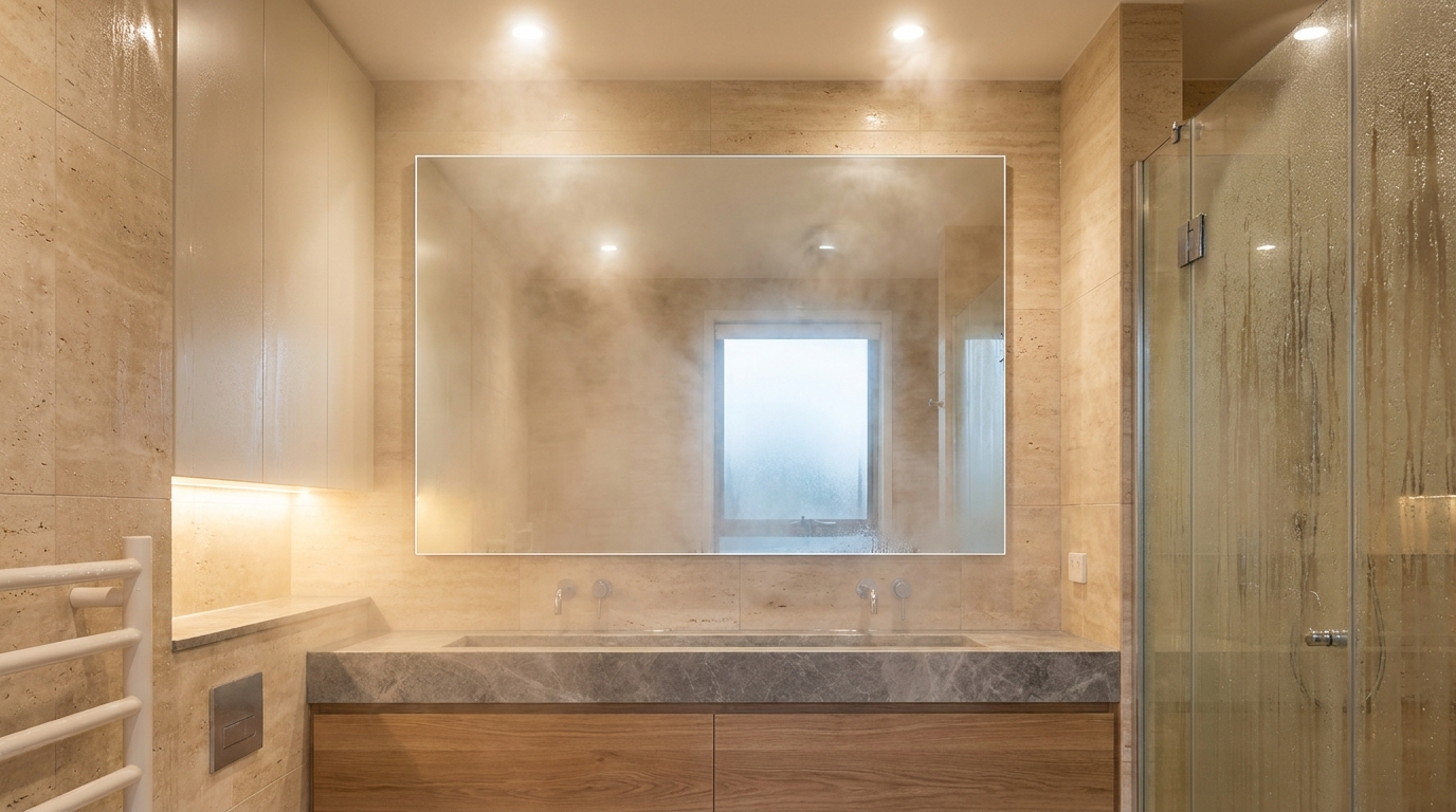 Anti-fog demister mirror staying clear while steam fills the rest of the bathroom