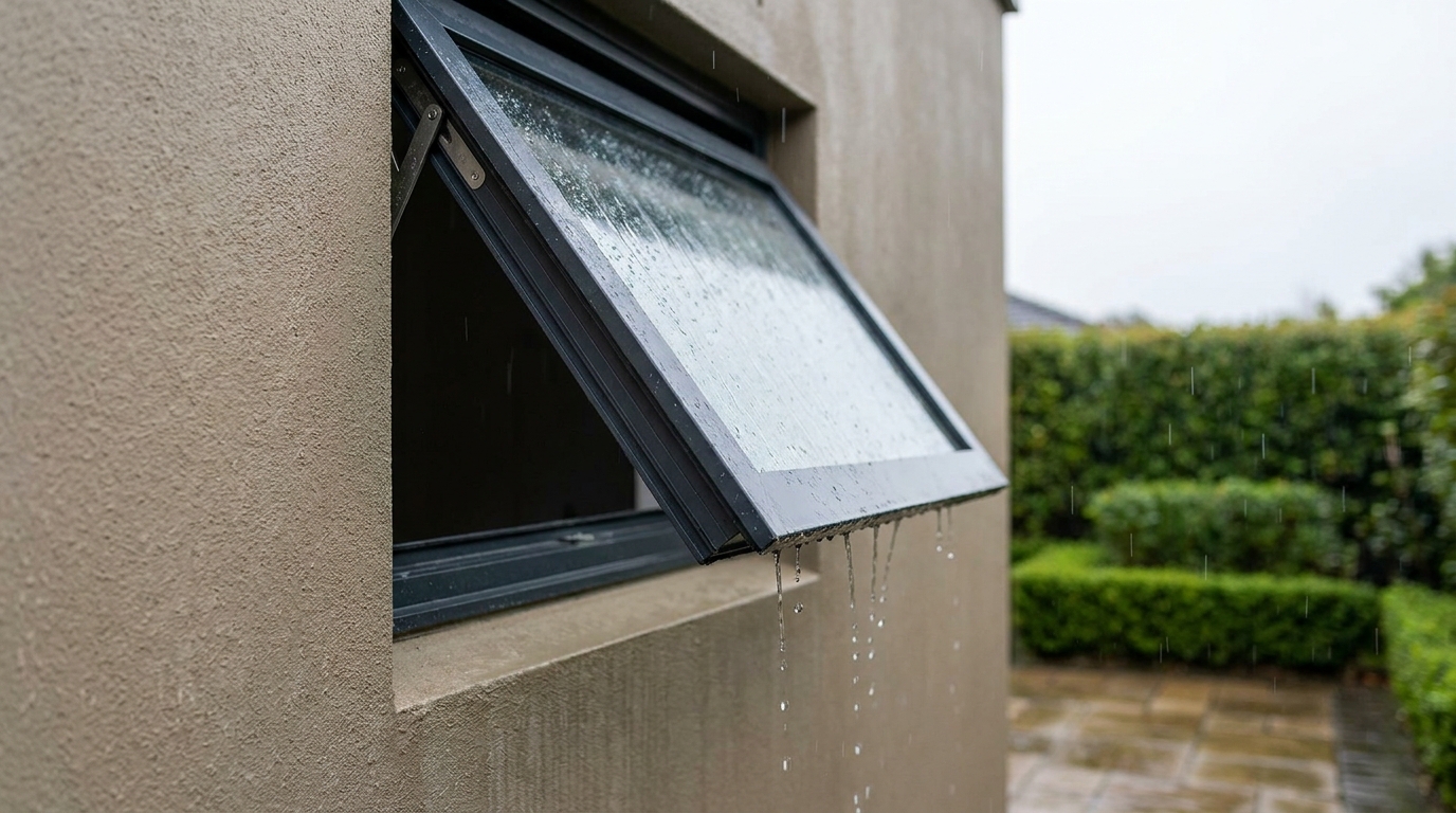 Top-hung aluminium awning window open outward and shedding rainwater off a Dubai villa wall