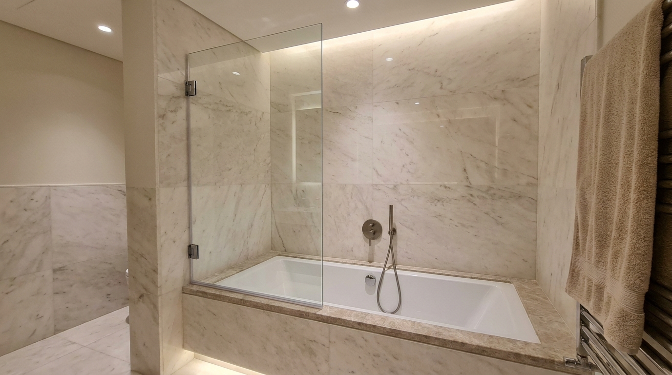Frameless hinged glass screen fitted over a bathtub in a marble Dubai bathroom