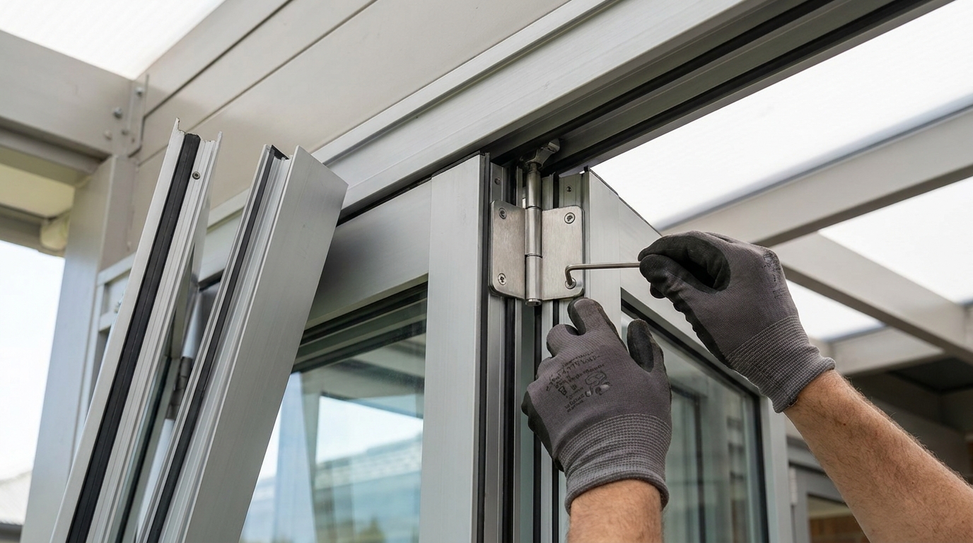 Technician realigning bi-fold door panels by adjusting a hinge bracket