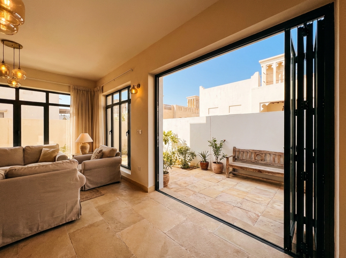 Standard aluminium bi-fold patio doors opening a Sharjah family villa onto its courtyard