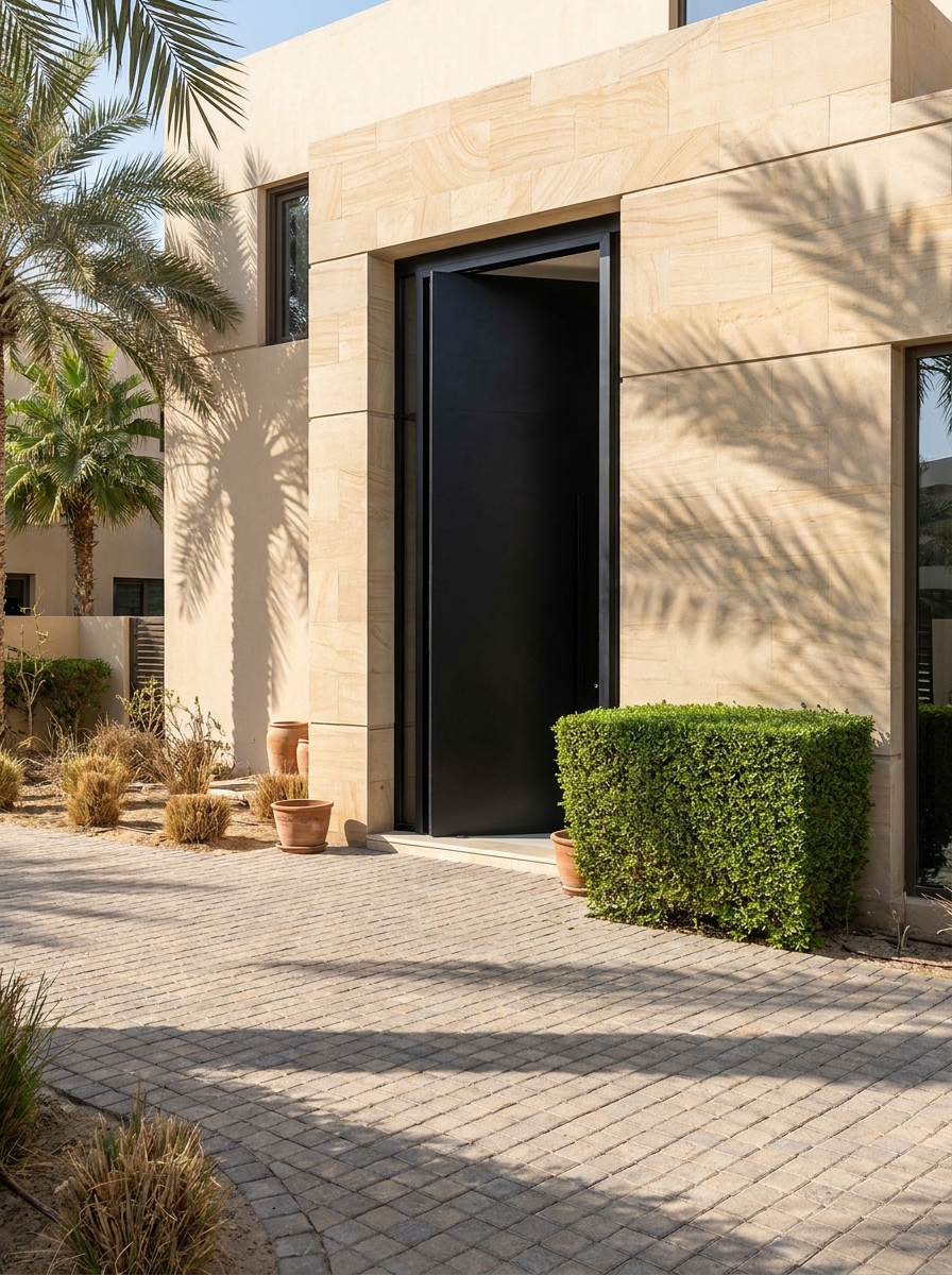 Black aluminium pivot entrance door on a Jumeirah villa