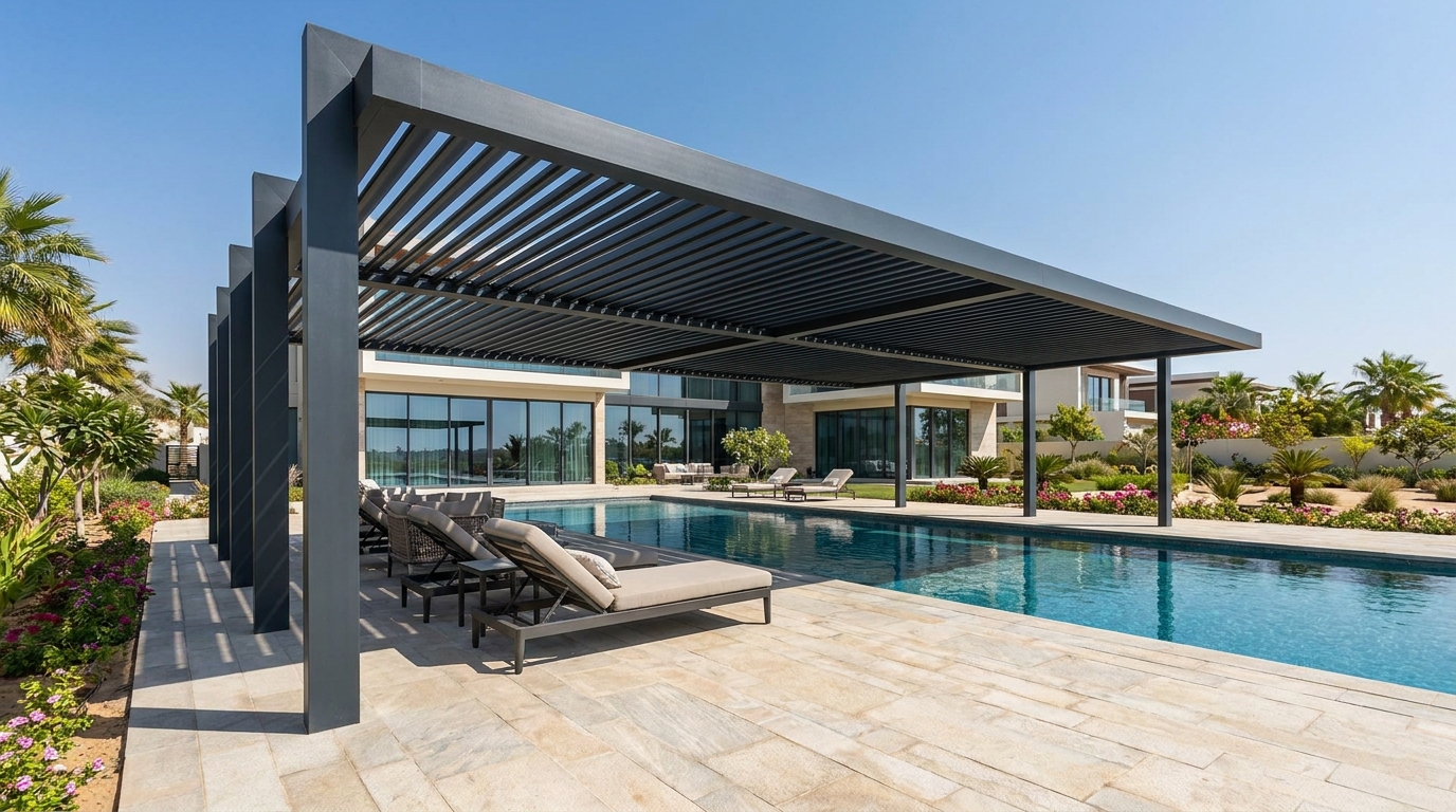 Cantilever aluminium pergola with posts to one side