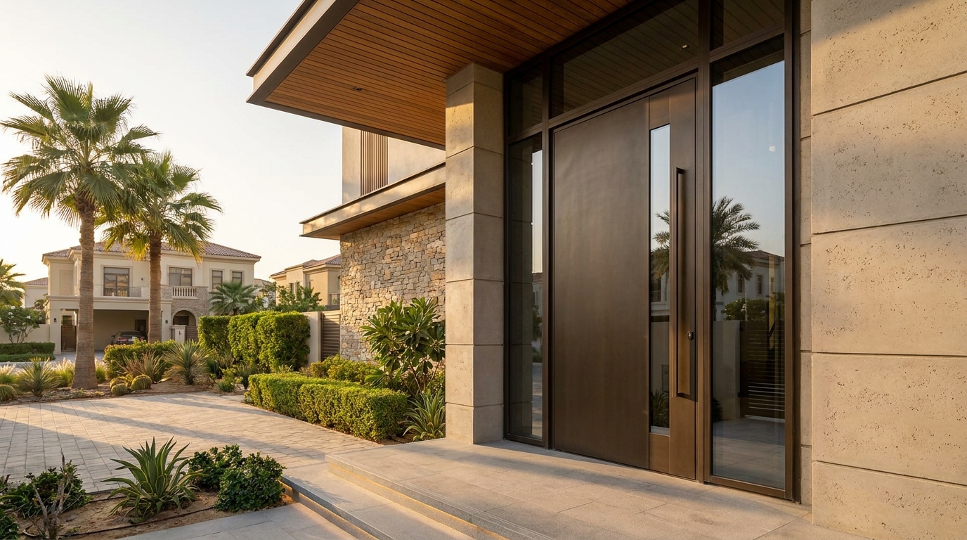Bronze pivot entrance door beneath a timber canopy at a Dubai villa entrance