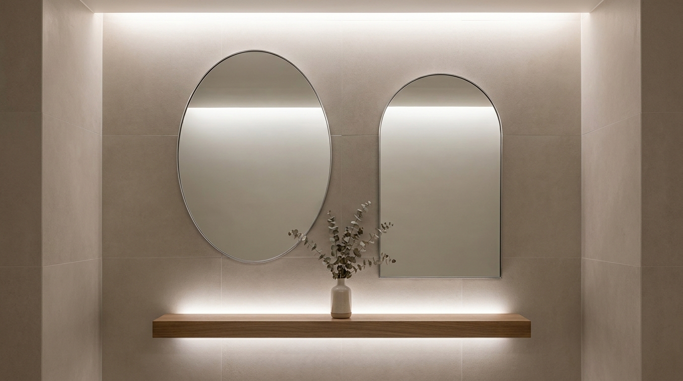 Custom oval and arched mirrors mounted together on a feature wall