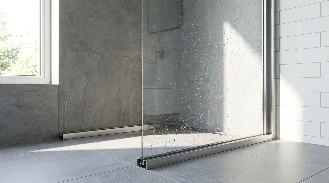 Fixed glass shower screen secured in a floor-to-ceiling aluminium channel