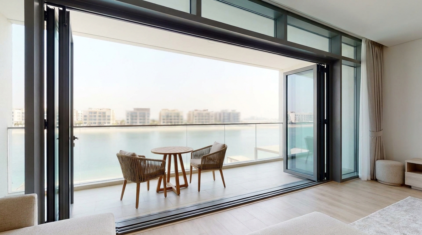 Wide folding doors opening a family villa reception onto a garden in Al Ramlah, Umm Al Quwain