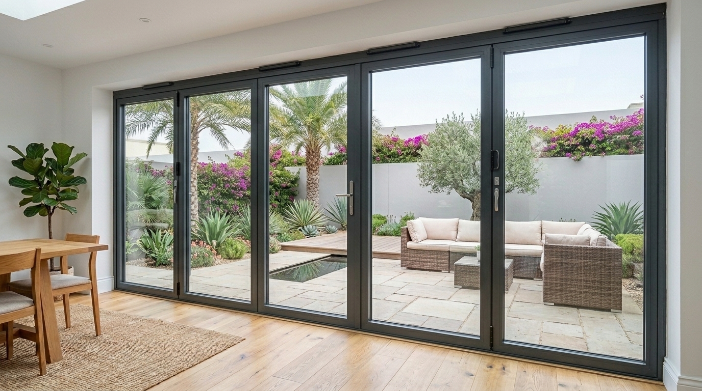 Slim-frame aluminium bi-fold doors closed across a Dubai villa dining area, showing narrow sightlines