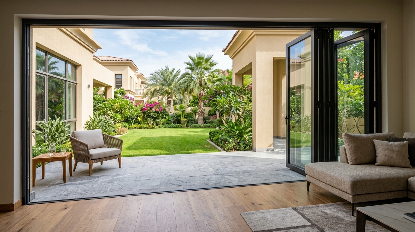Six-panel aluminium folding doors joining a family room and garden at an Emirates Hills villa