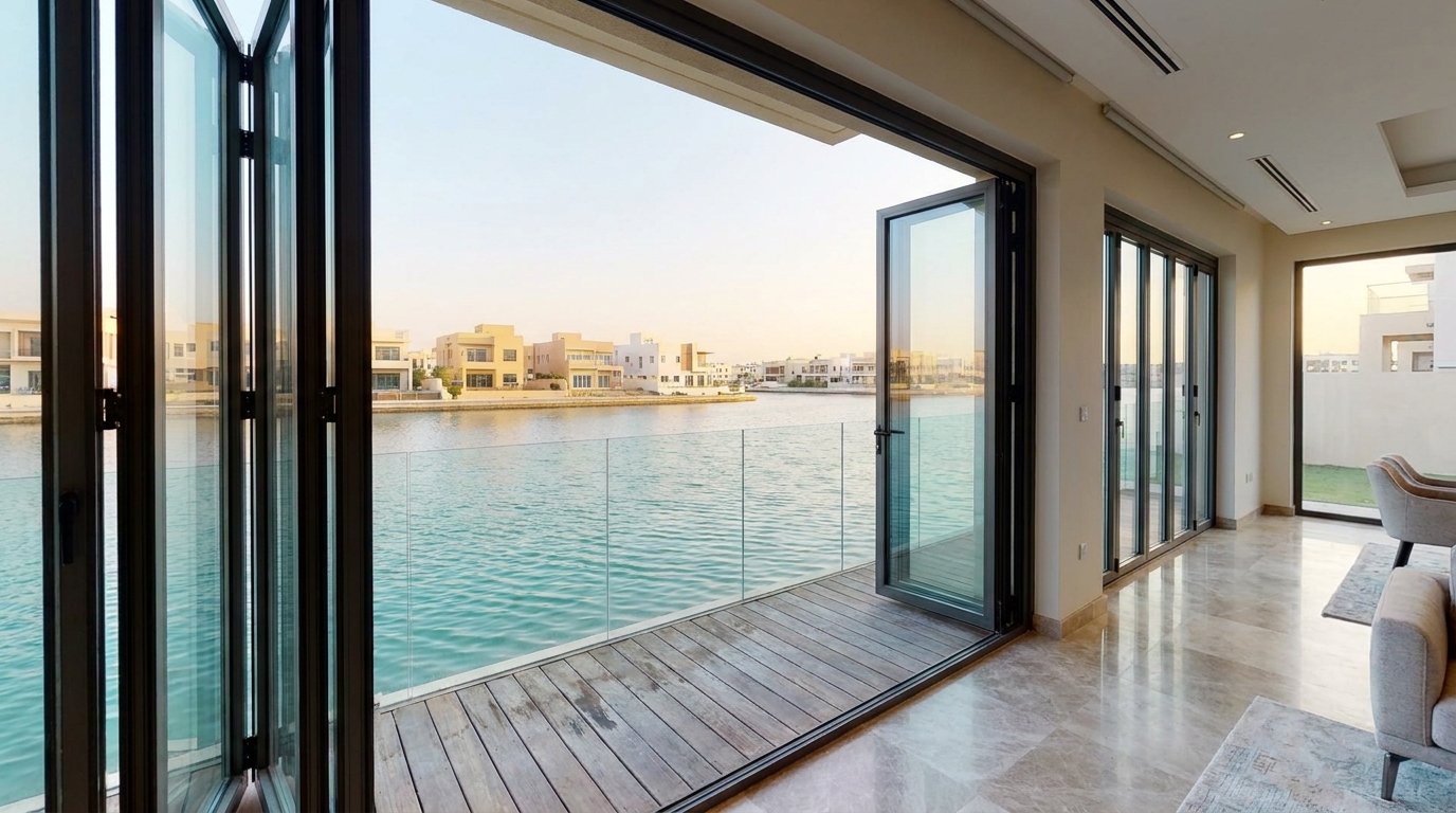 Folding doors framing a canal view at an Al Raha Beach villa