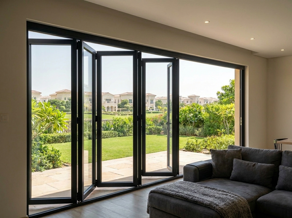 Aluminium folding doors opened onto the garden of an Emirates Hills villa