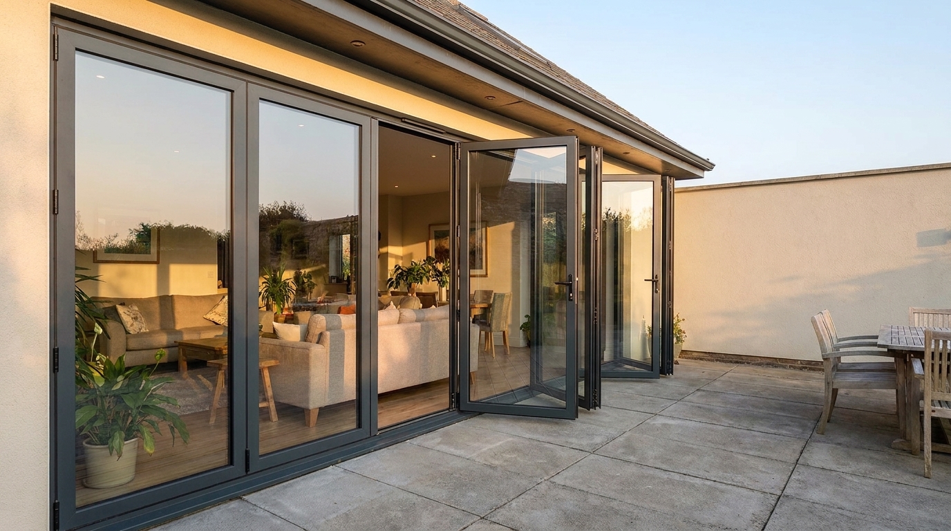 Aluminium bi-fold doors with one traffic-door leaf open for daily access onto a villa terrace at dusk