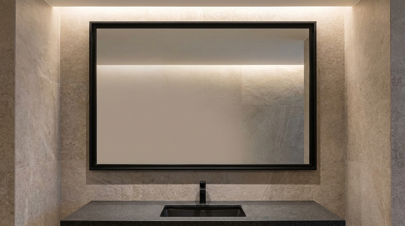 Bathroom mirror framed in a slim matte black metal frame above a vanity