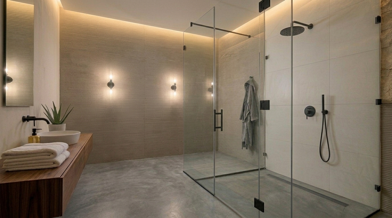 Frameless glass shower enclosure and office glass partition by Solo Dream Dubai