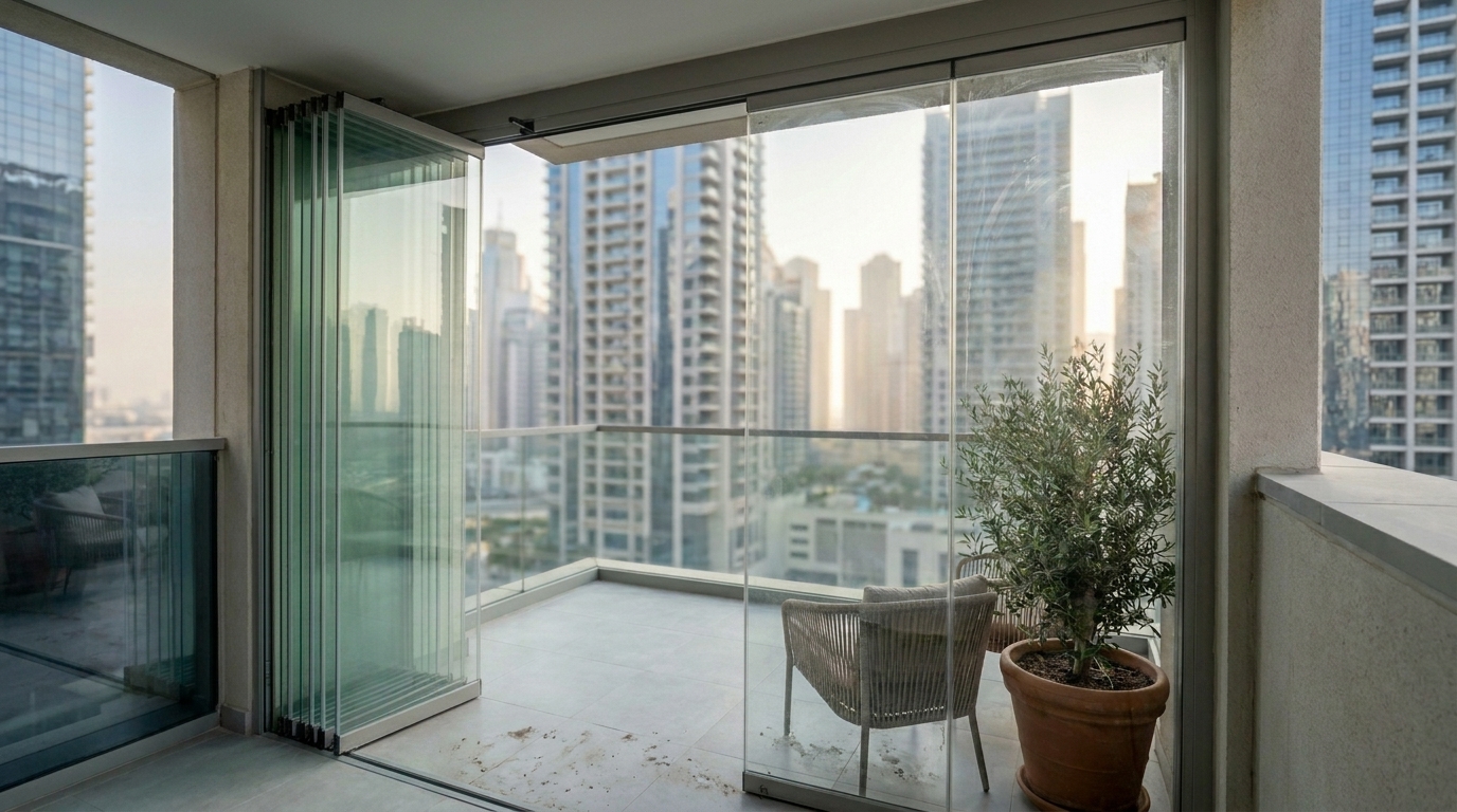 Frameless folding glass doors enclosing a Dubai Marina apartment balcony with minimal visible frame