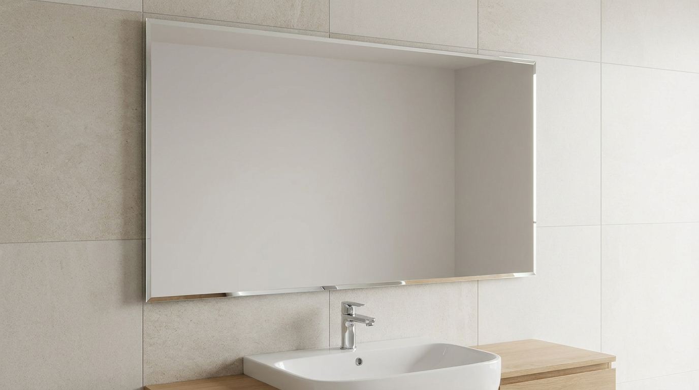 Frameless bathroom mirror with a clean polished bevelled edge above a vanity