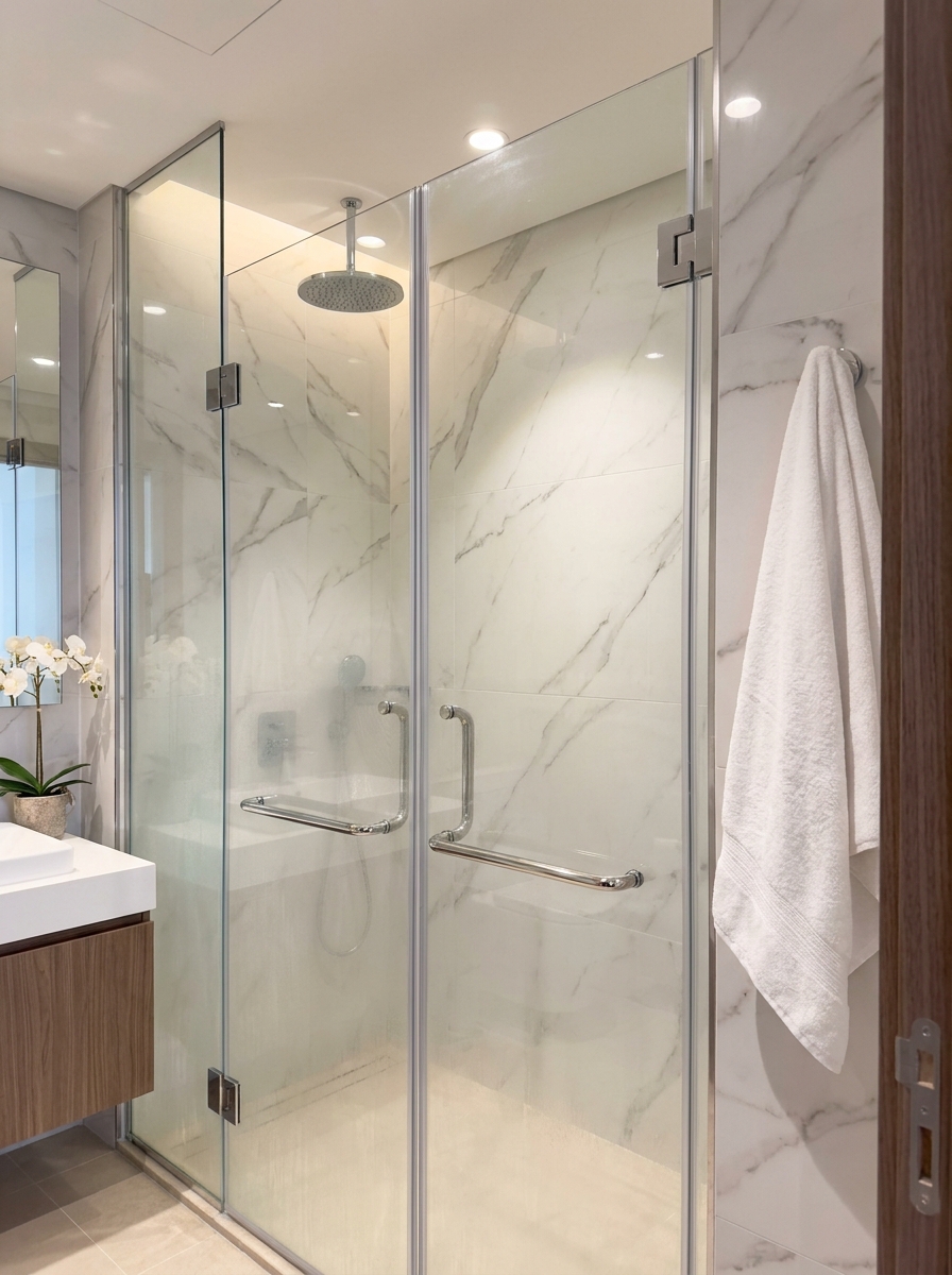 Frameless glass shower screen in a Downtown Dubai bathroom