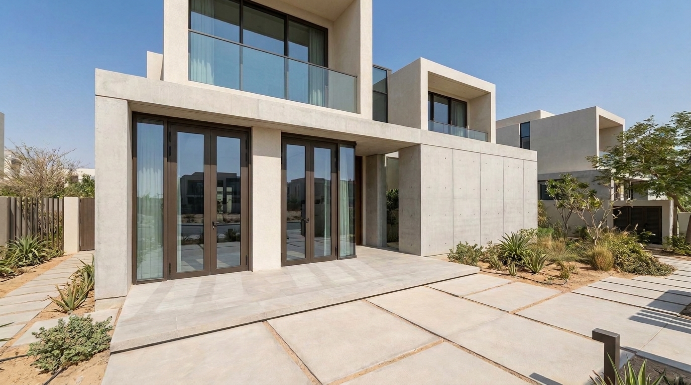 Bronze aluminium French glass doors on a modern Dubai villa facade