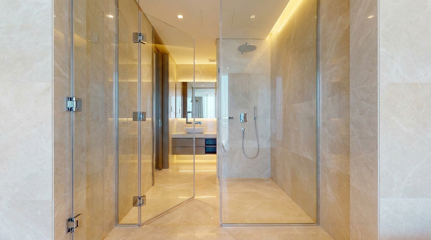 Frameless hinged glass shower door swinging open in a Dubai bathroom