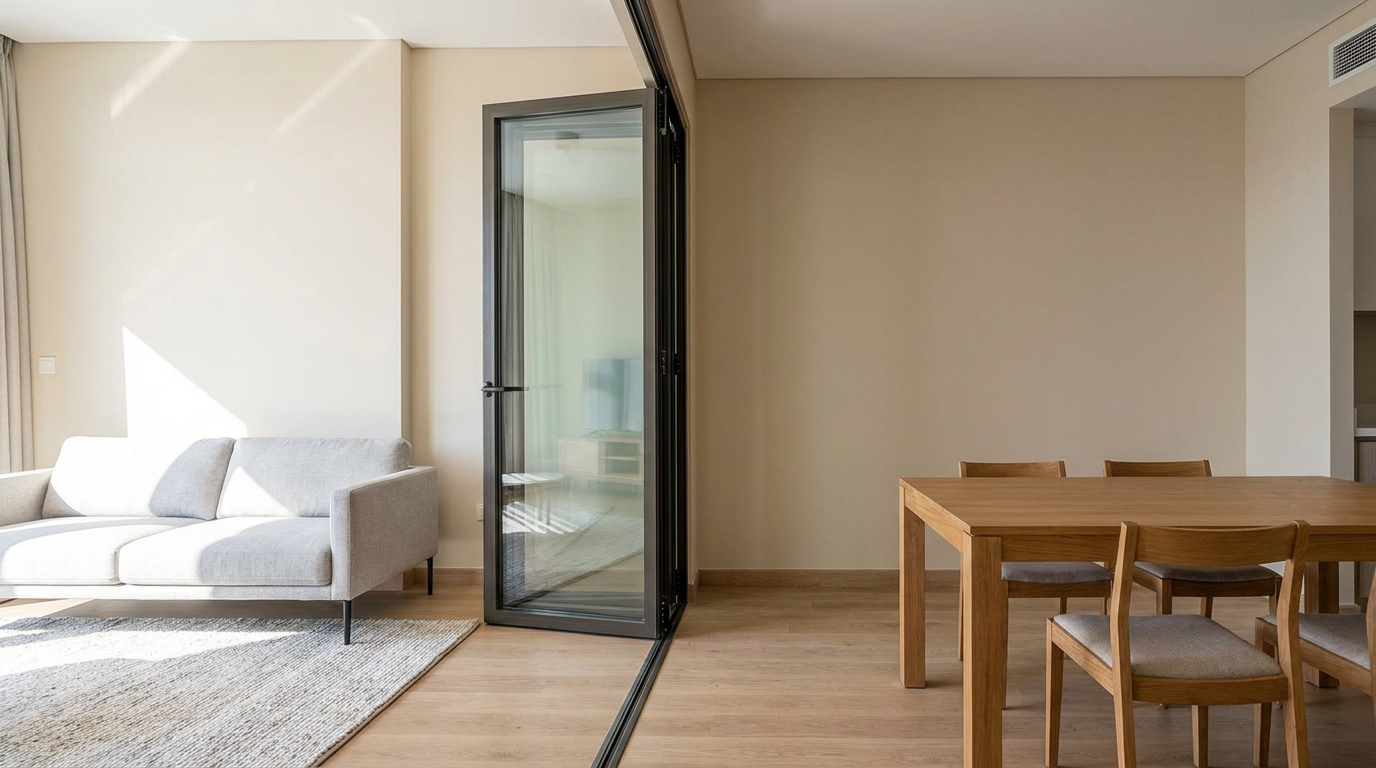 Internal folding room divider door open between living room and dining area in a Dubai apartment