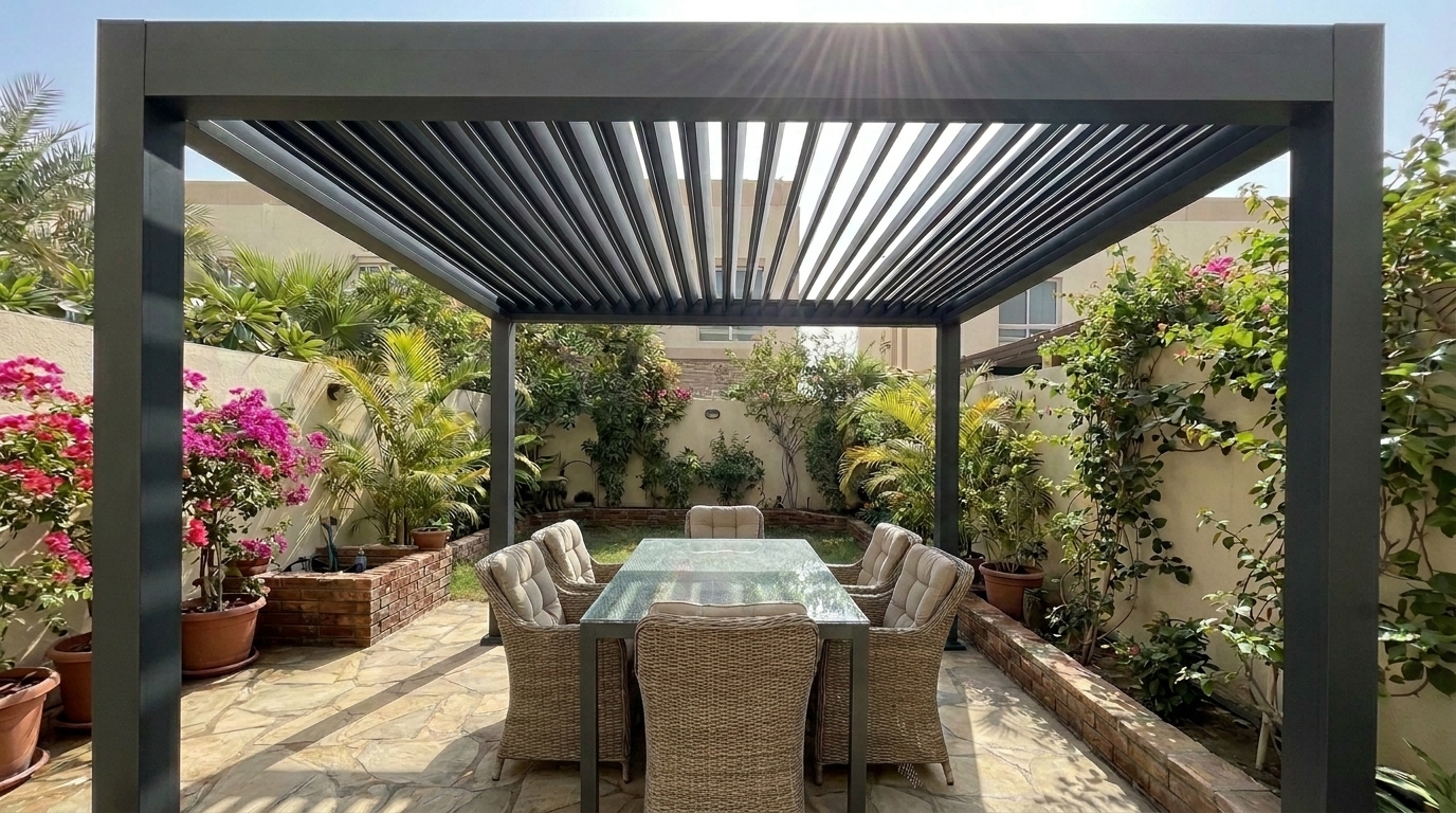 Louvred aluminium pergola shading a terrace in Al Barsha