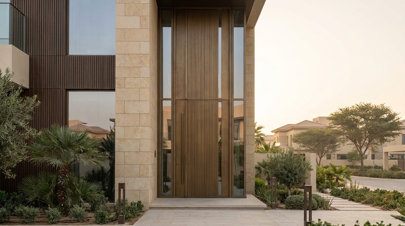 Timber-clad aluminium pivot entrance door on a contemporary Dubai villa