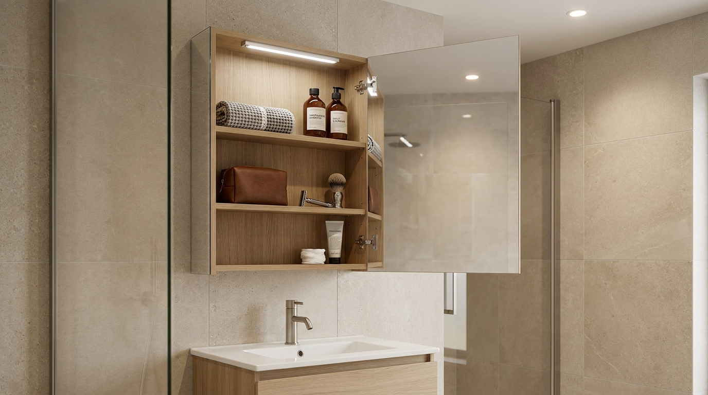 Bathroom mirror cabinet with hinged door open showing concealed shelving and lighting