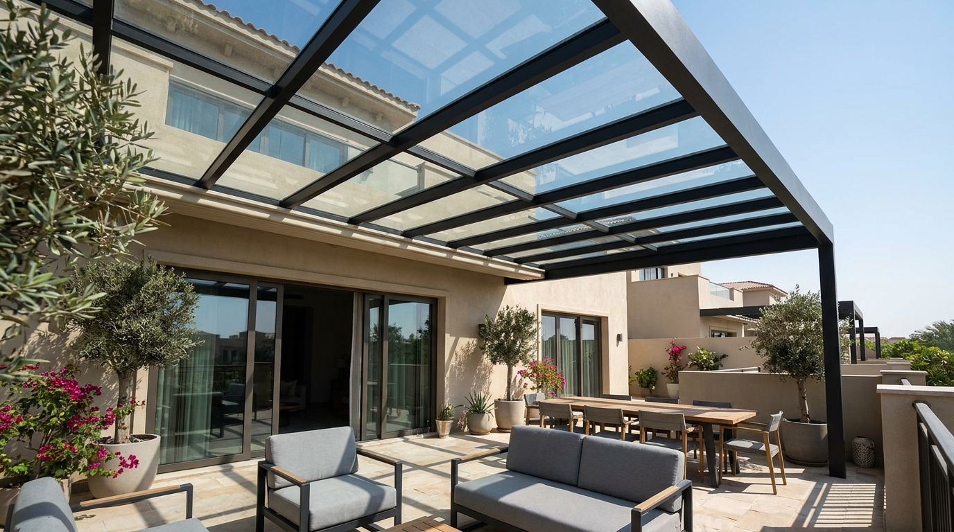 Glass roof aluminium pergola keeping a space bright and dry