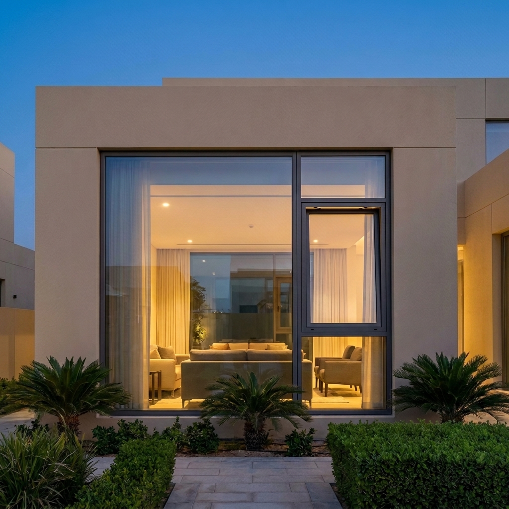 Modern Dubai villa facade at dusk with large aluminium picture and tilt windows lit from inside