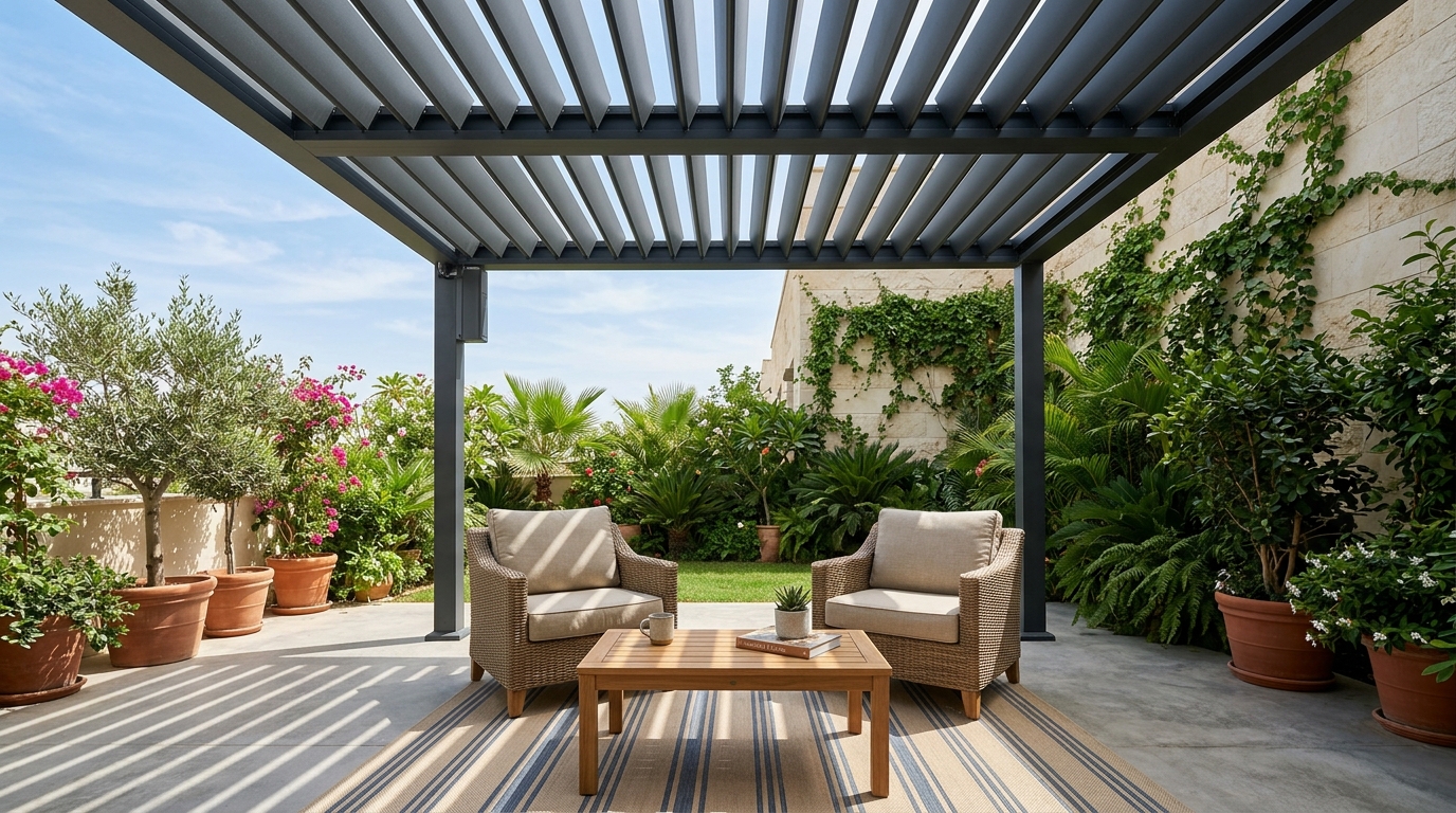 Adjustable louvred aluminium pergola shading a terrace seating area in Al Barsha