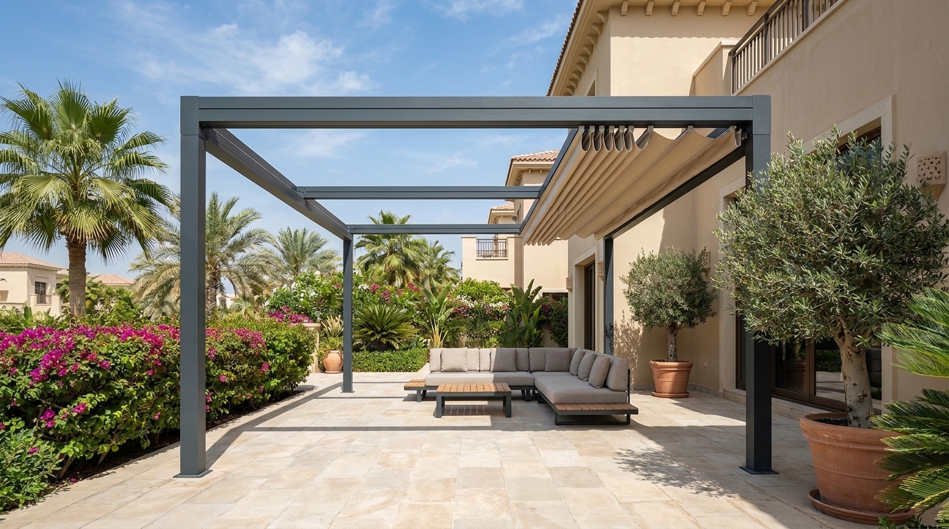 Retractable fabric roof aluminium pergola on a terrace