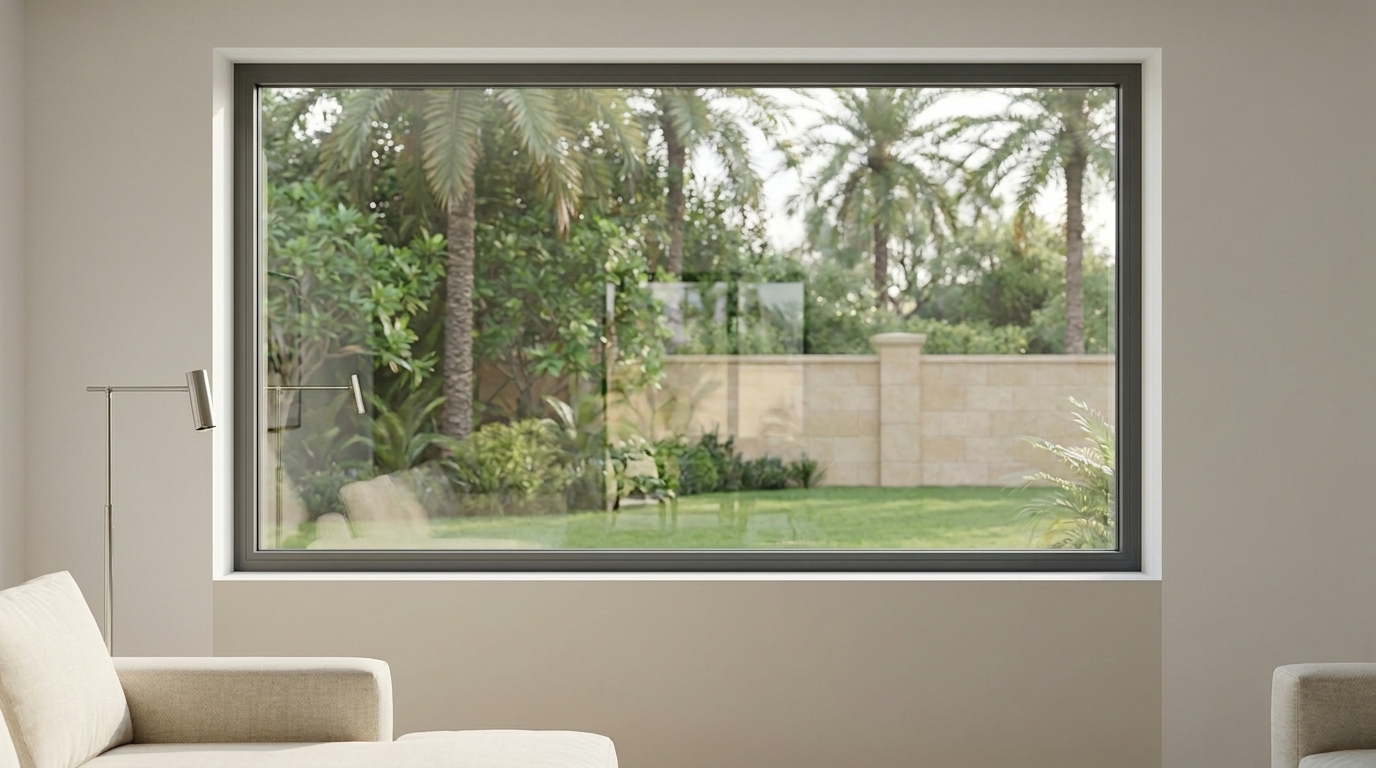 Fixed picture aluminium window framing a garden view with palm trees from inside a Dubai living room