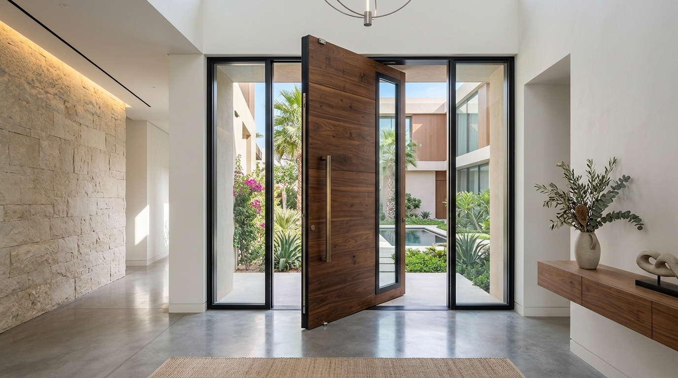 Statement aluminium pivot entrance door fitted to a Dubai property
