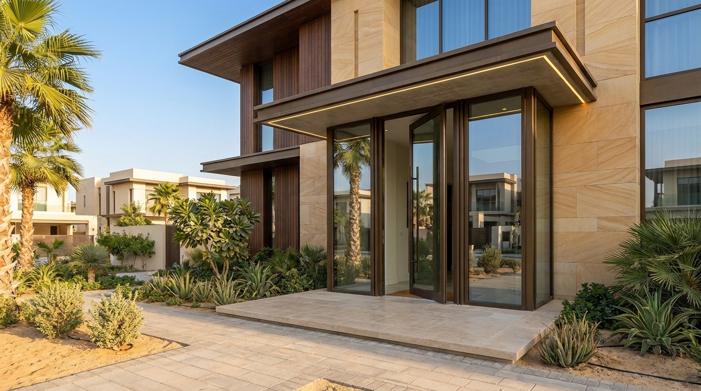Aluminium pivot glass door at a modern Dubai villa entrance, slim bronze frame with timber canopy