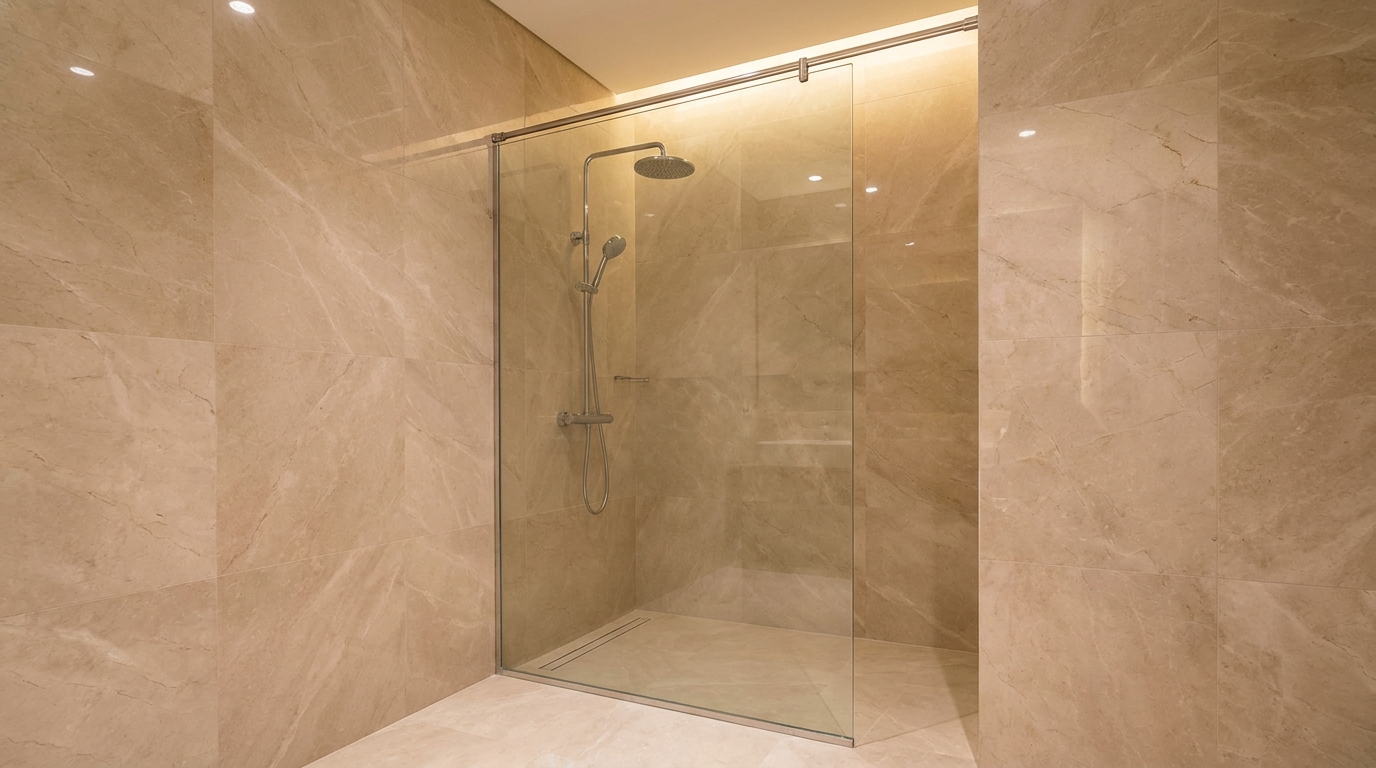 Semi-frameless glass shower screen with support bar in a modern Dubai bathroom