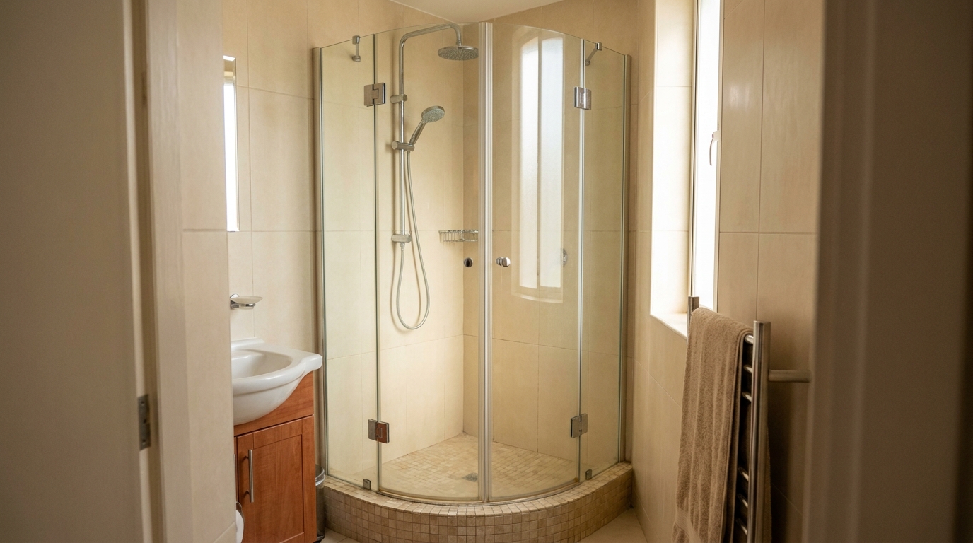 Corner quadrant glass shower enclosure with curved hinged doors in a Dubai bathroom