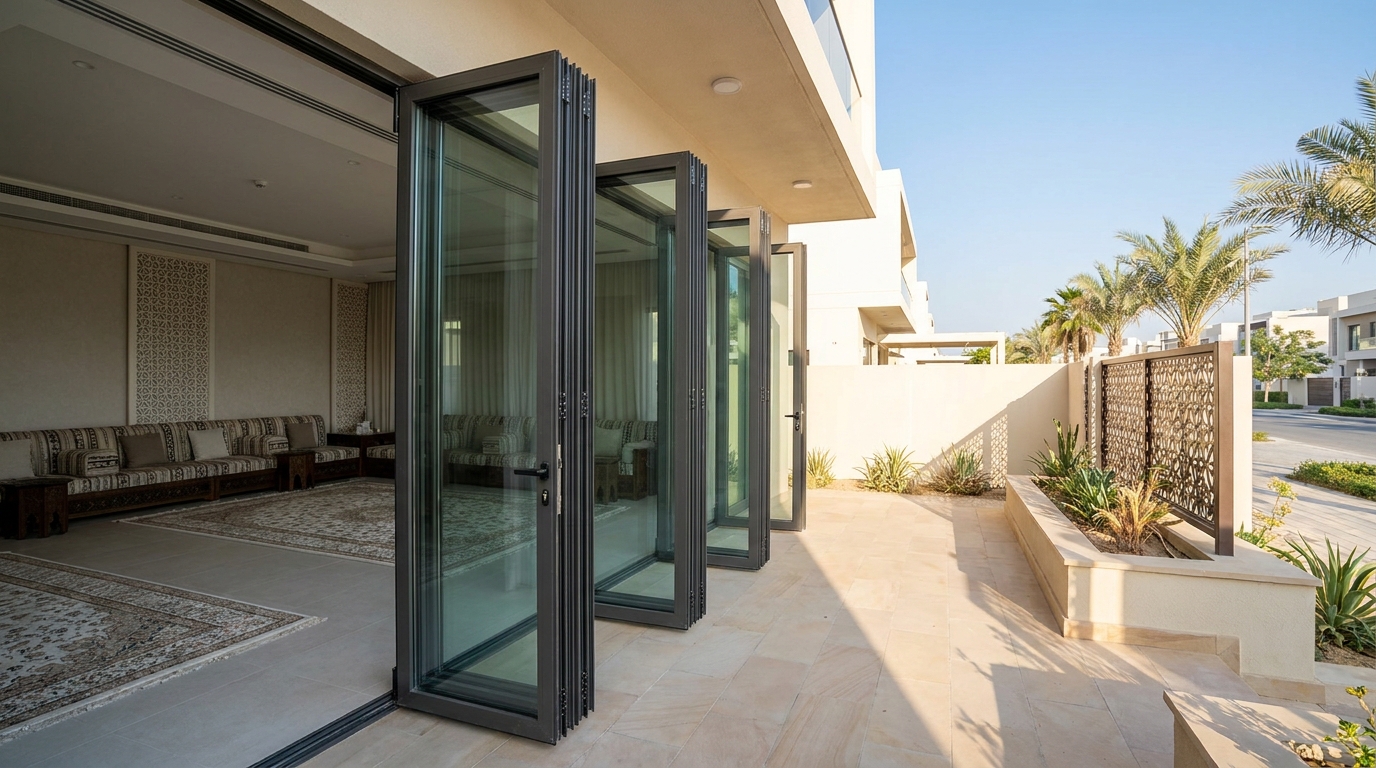 Wide folding doors folding a reception wall onto a garden in Al Mowaihat, Ajman