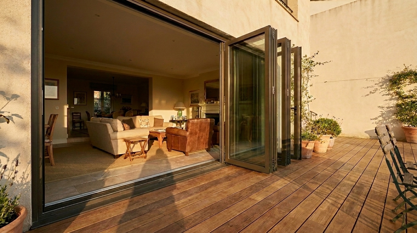 Sliding-folding hybrid aluminium glass doors open onto a wooden villa terrace