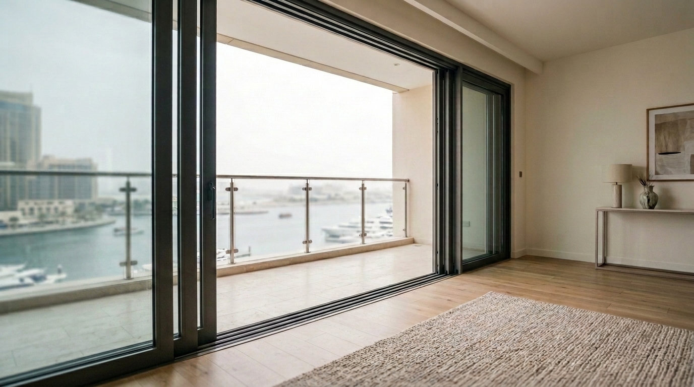 Slim sliding glass system opening a Dubai Marina living room onto the balcony